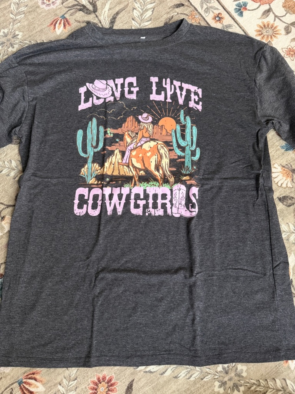 Kids 'Long Live Cowgirls' Graphic Tee - Charcoal with Pink Accents